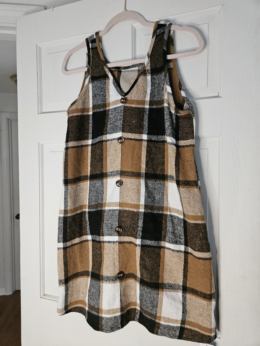 Cupshe Tan, Black & Cream Plaid Button-Front Mini Dress